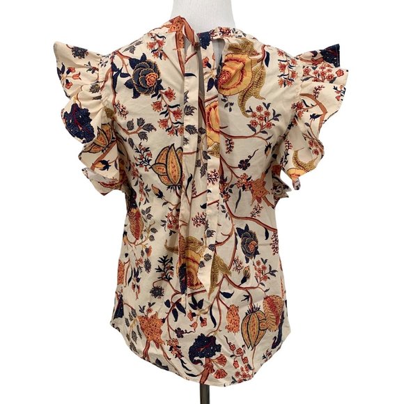 Elie Tahari SZ Small Multicolor Blouse Short Flutter Sleeve Paisley Floral Top - Picture 2 of 7